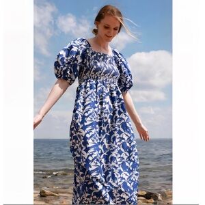 NWT Jessie Zhao Animal World smocked cotton silk blue white midi dress Sz Small